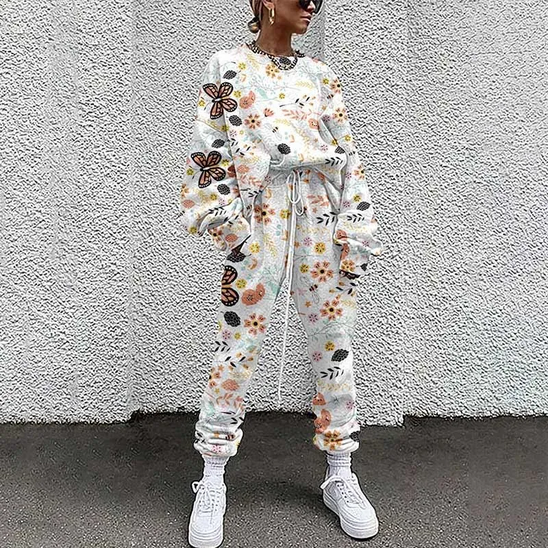 Women`s Two Piece Pants Women Tracksuit Pullovers Cloting Long Sleeve Tie-dye Print Female Tops And Elastic Waist Slim Casual