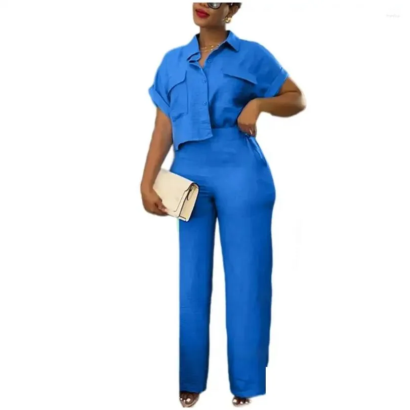 Women`S Two Piece Pants Womens Women Commute Suit Elegant Shirt Set With Turn-Down Collar Short Sleeves High Elastic Waist Solid Colo Otjne