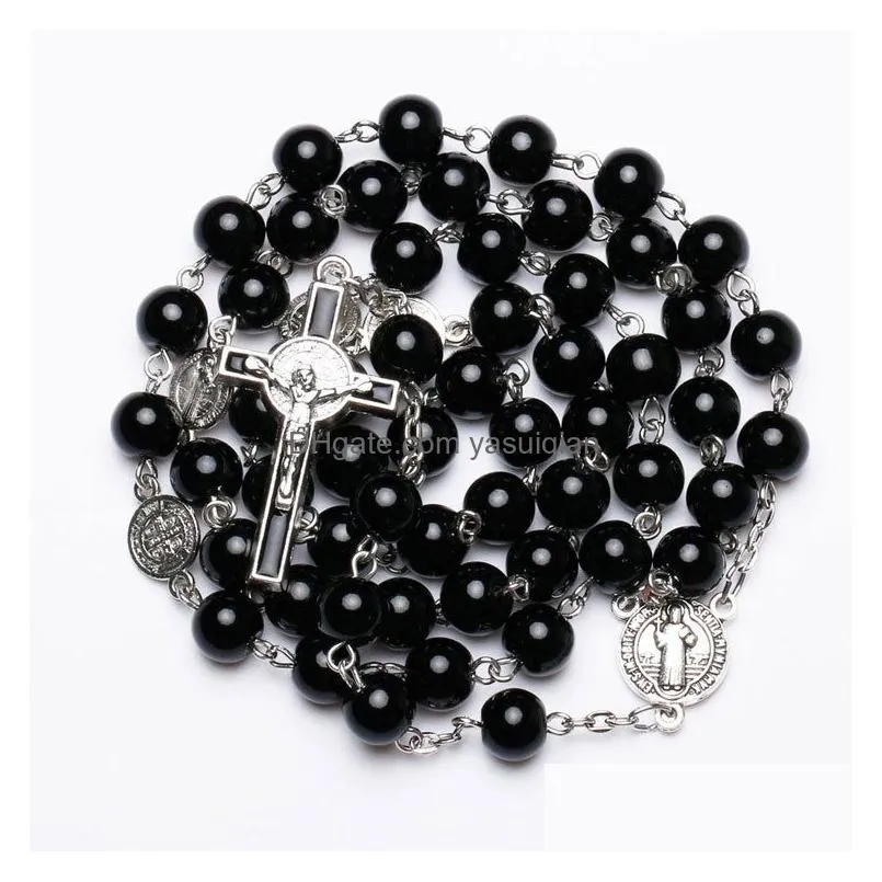 Pendant Necklaces Mens Catholic Rosary Necklace For Women Christian Jesus Virgin Mary Cross Crucifix Galss Beaded Chains Luxury Jewelr Dhz19