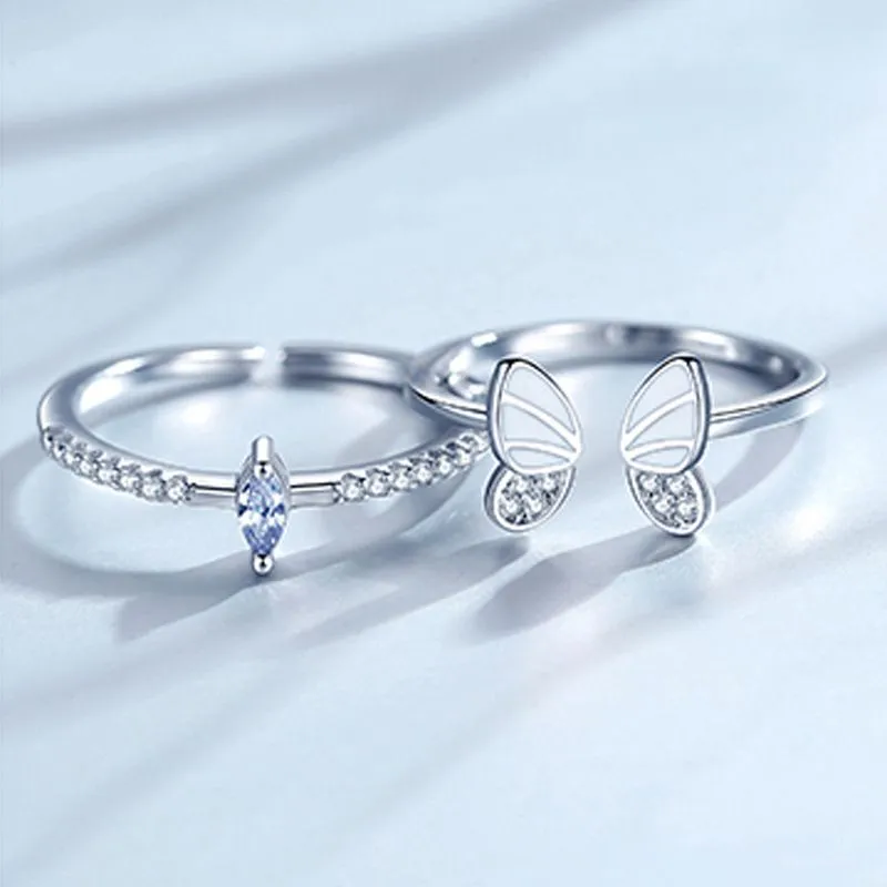 Silver Korean White Three-dimensional Butterfly Zircon Double Ring Set Unique Design Insect Combination