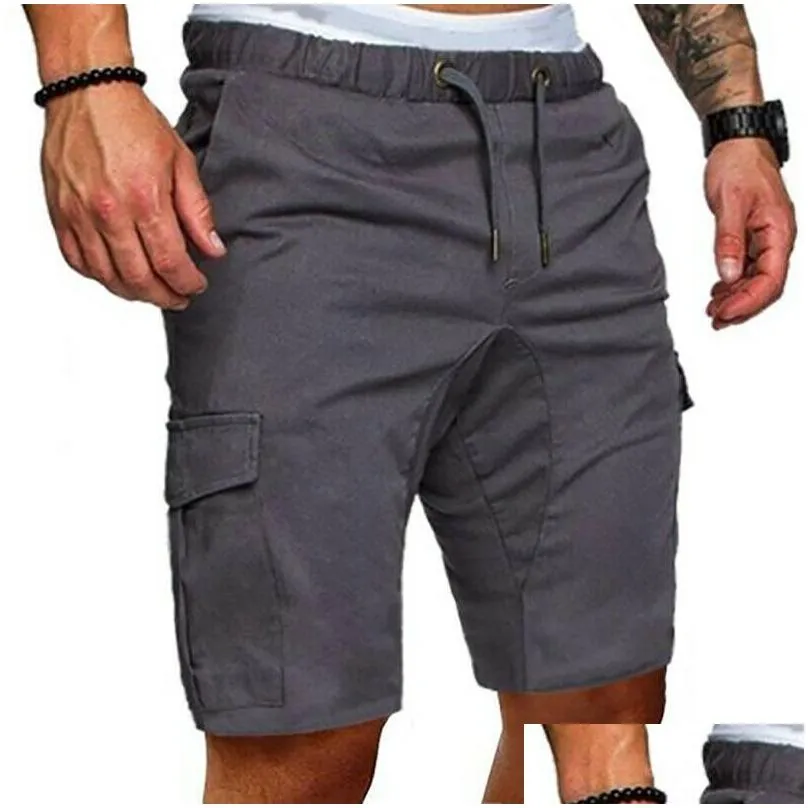 Men`S Shorts Mens Summer Casual Solid Color Pocket Gym Sport Running Workout Cargo Jogger Trousers Black Navy Blue Drop Delivery Appa Dhxca