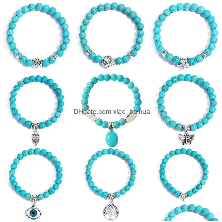 Beaded Bohemian Handmade Natural Stone Bracelet Men Yoga Agates Turquoise Beads Bangles Charm Blue Butterfly Pendant Bracelets Jewelr Dhe7M