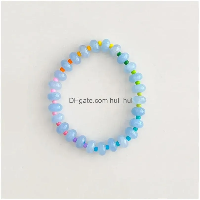 strand rainbow gradient natural stones beads bracelets colored glass rice stretchy bangle womens summer jewelry