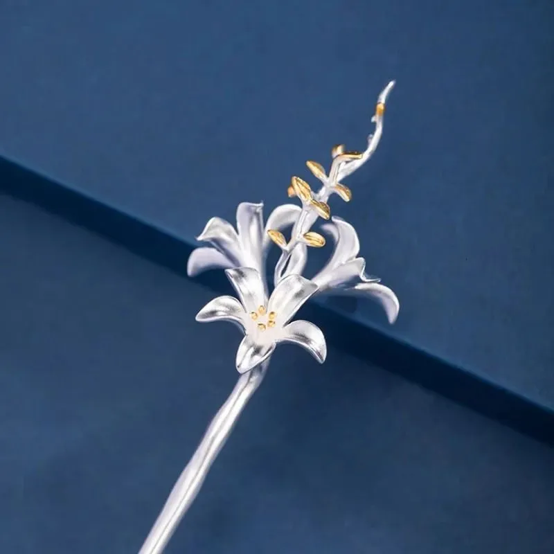 Original Design 925 Silver Lily Flower Hairpin Simplicity Cheongsam Hair Accessories Tiara Exquisite Pin Banquet Jewelry 240311