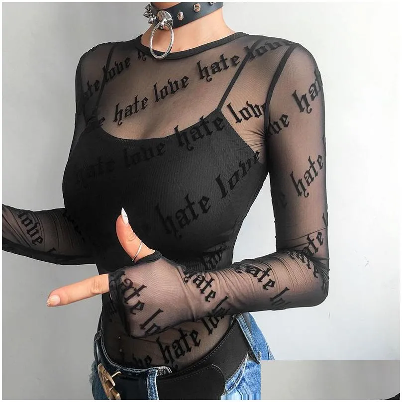 Women`S T-Shirt Women T-Shirts Lace See-Through Long Sleeve Top Tees Y Ladies Sheer O-Neck Tops Black Letter Printing Transparent Pers Dhqeb