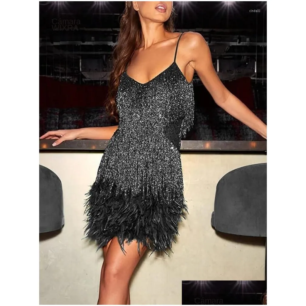 Basic & Casual Dresses Vssjavun Sequins Tassel Feather Spaghetti Strap Dress Women Fashion Y Stitching Mini Evening Party Club Elegan Dhm7K