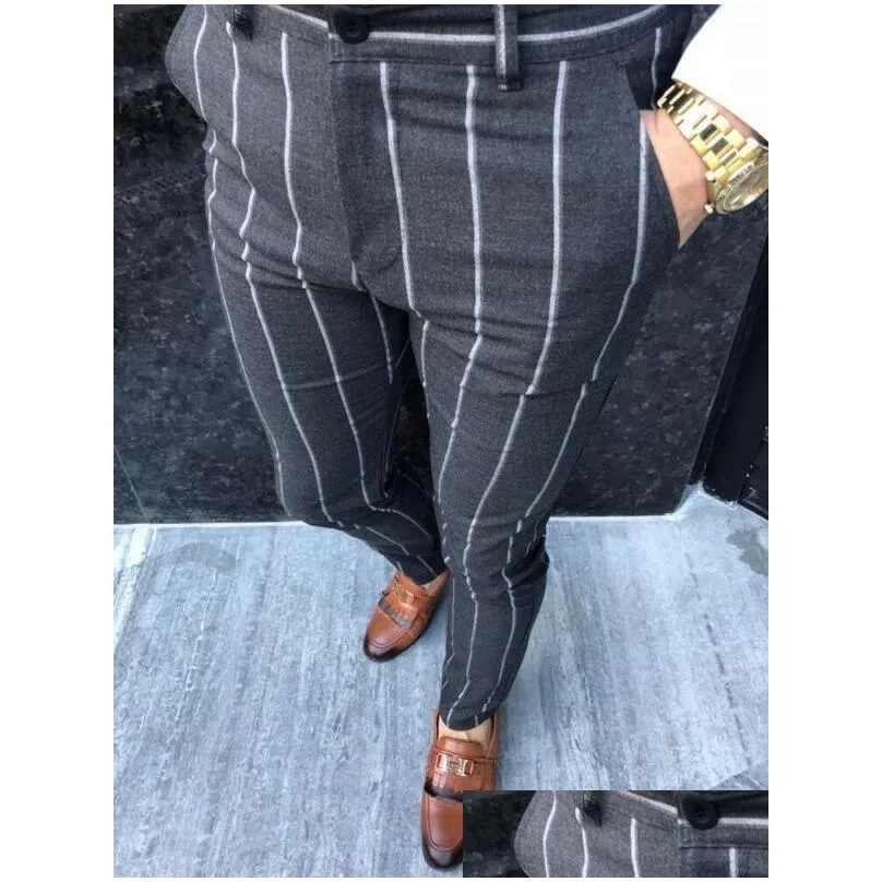 Men`S Pants England Style Men Retro Dress Male Formal Plaid Stripe Casual Trouser Fit Striper Slacks Trousers Drop Delivery Apparel C Dhpsi