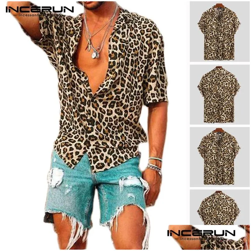 Men`S Casual Shirts Summer Short Sleeve Leopard Print Shirt Men Lapel Neck Loose Button Up Blouse Breathable Streetwear Y Incerun Dro Dhy4K