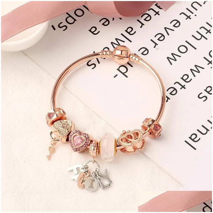 Bangle Original Pandoras Fashion S925 Sier Rose Gold Charm Beads Heart Lock Bangles Women Chain Letter Bracelets Jewelry Holiday Drop Dhk2B