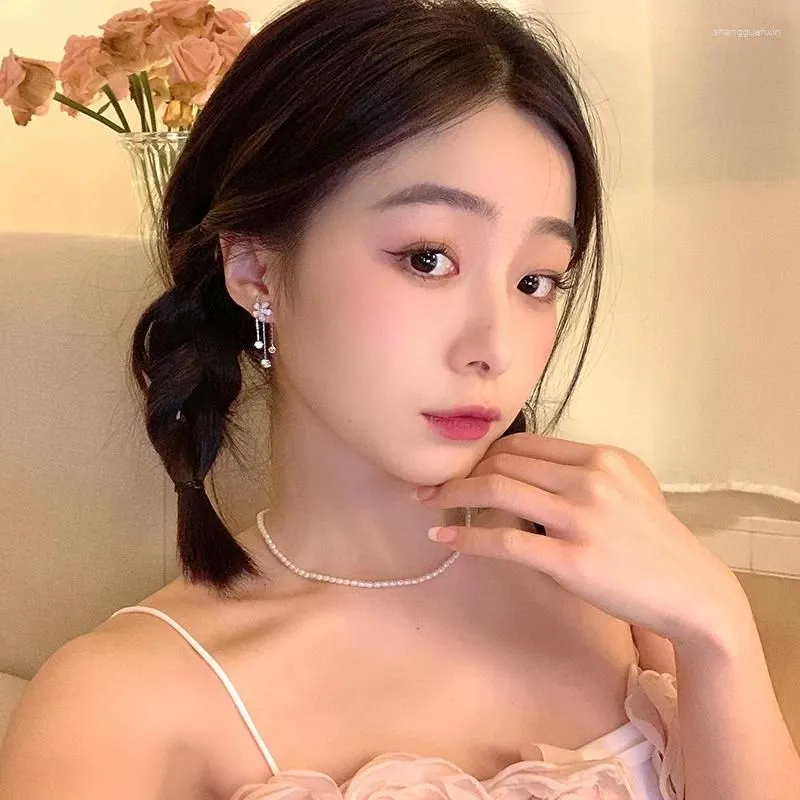 Dangle Earrings Korean Cute White Flower Charm Crystal Tassels Drop For Women Fashion Y2K Sweet Cool Party Jewelry