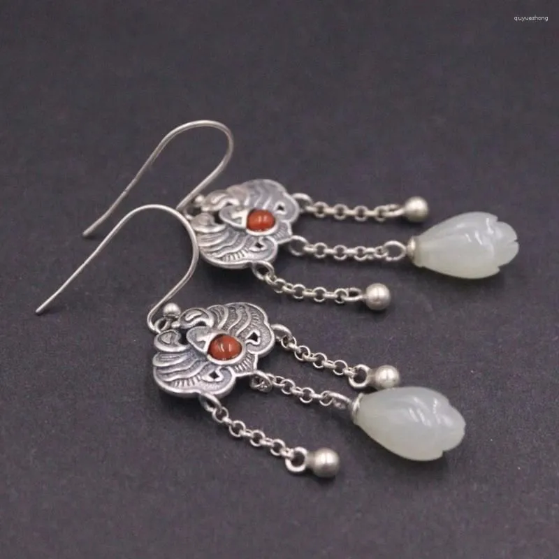 Dangle Earrings Real Solid 925 Sterling Silver Natural Jade Butterfly Tassel Women Lucky