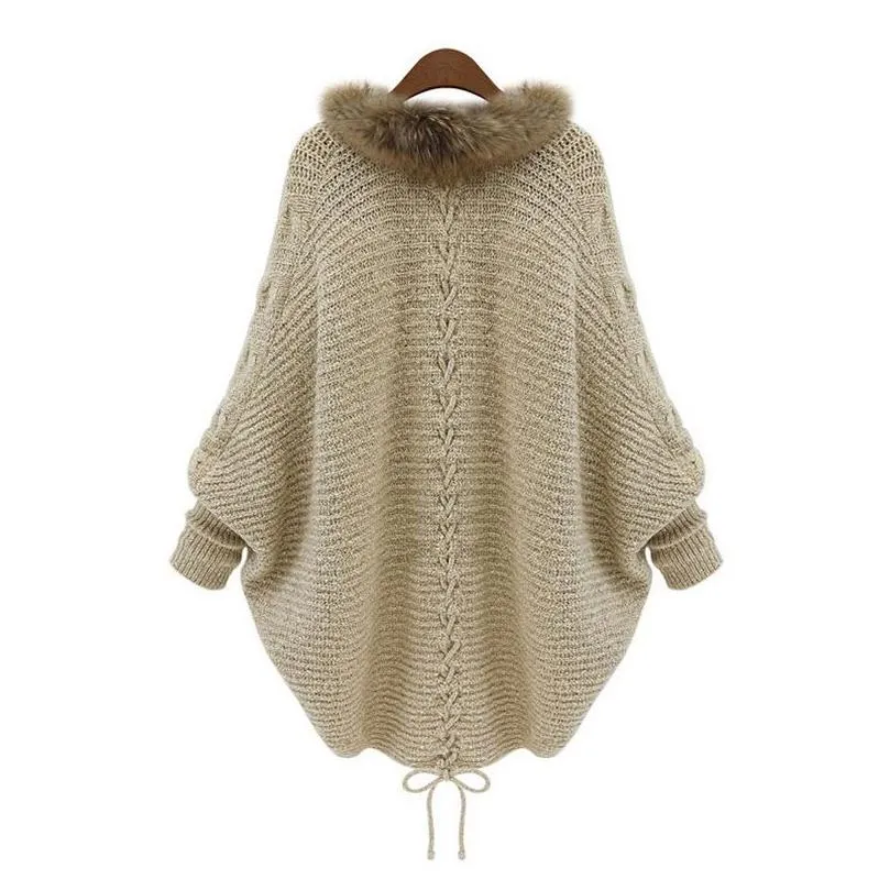 Women`S Sweaters Winter Women Cardigan Loose Sweater Faux Fur Collar Batwing Sleeve Knit Jacket Coats Casual Asian Size Drop Delivery Dhuc4