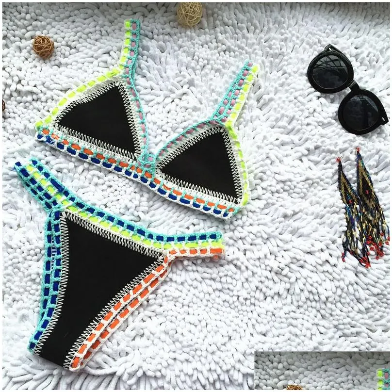 Crochet Swimwear for Female Knitted Swimsuits Neoprene Bikini Beachwear Boho Style Swimsuit Two Pieces Bathng Suits 220226323w217L