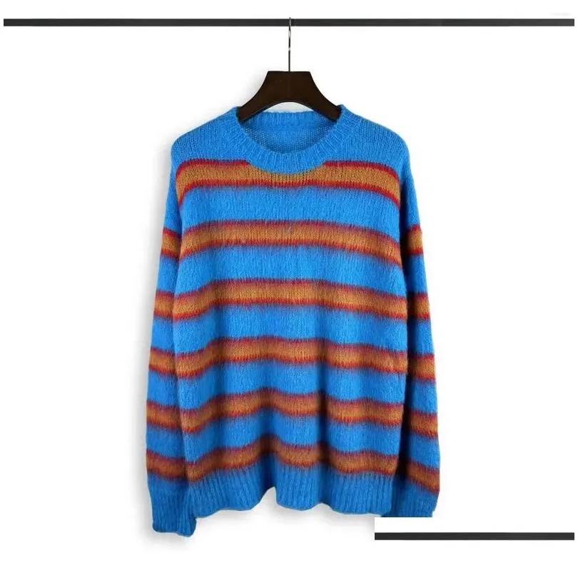 Men`s Sweaters Autumn Winter Round Neck Color Stripe Contrast Loose Mohair Knitwears Mens Pullovers Oversized Female Clothes Vintage