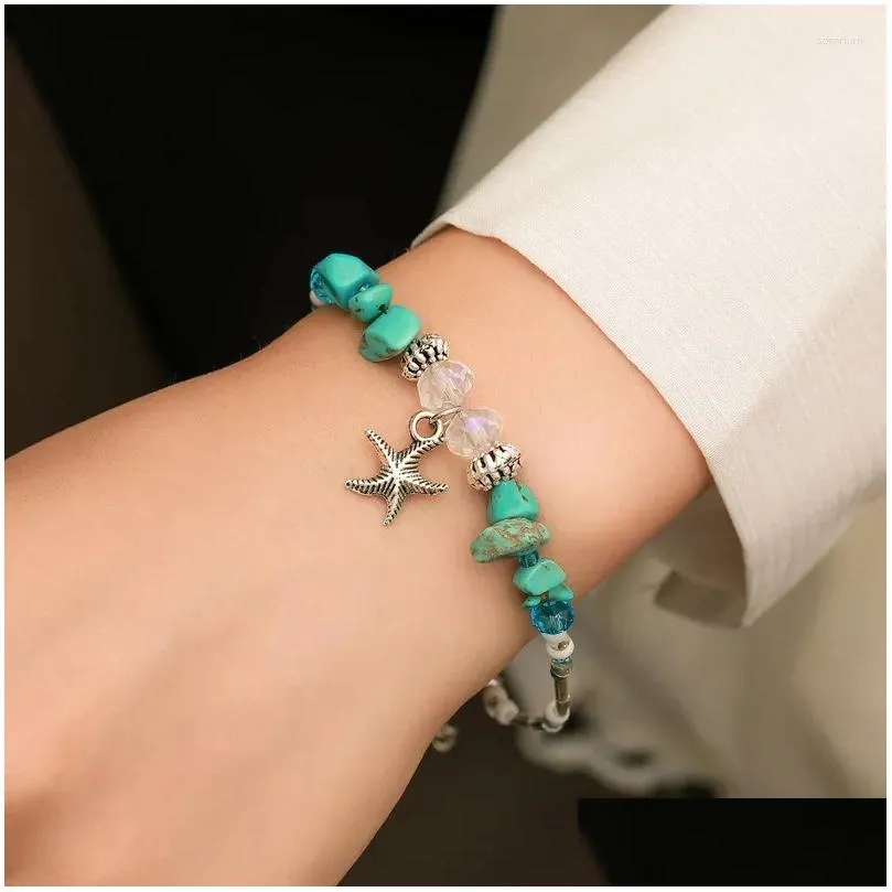 Charm Bracelets Bohemian Green Stone Starfish Bracelet For Women Trend Shell Beaded Girls Summer Beach Jewelry Travel Gift