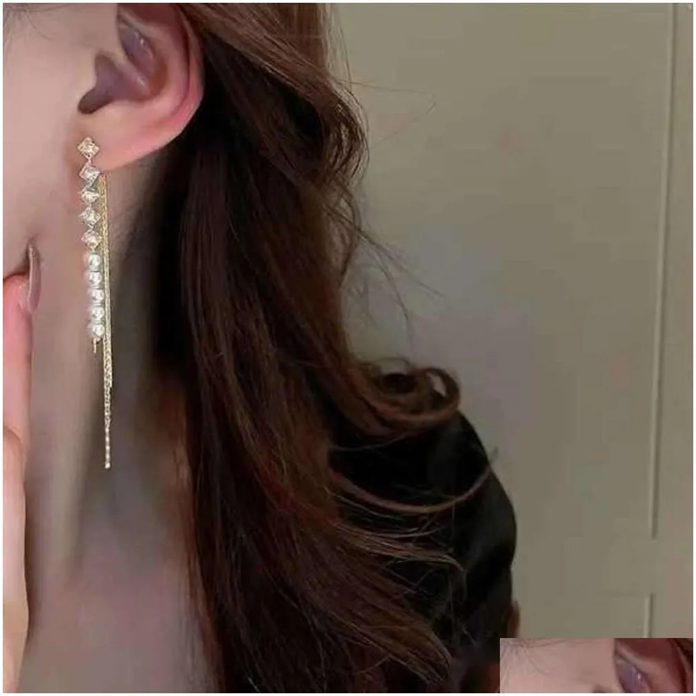 Stud New Fashion Trend Elegant And Exquisite Pearl Long Tassel Drop Earrings Womens Premium Jewelry Birthday Party Gift R231124 Deliv Otd3H