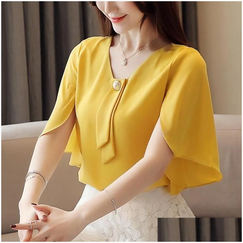 Women`S Blouses & Shirts Womens Spring Summer Style Chiffon Blouse Shirt Elegant V-Neck Ruffles Solid Color Short Sleeve Temperament Dhncq