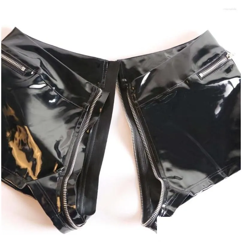 Women`s Shorts Sexy Women Zipper Open Crotch Short Punk Low Waist PVC Shiny Mini Night Club Stage Wear Fashion F34