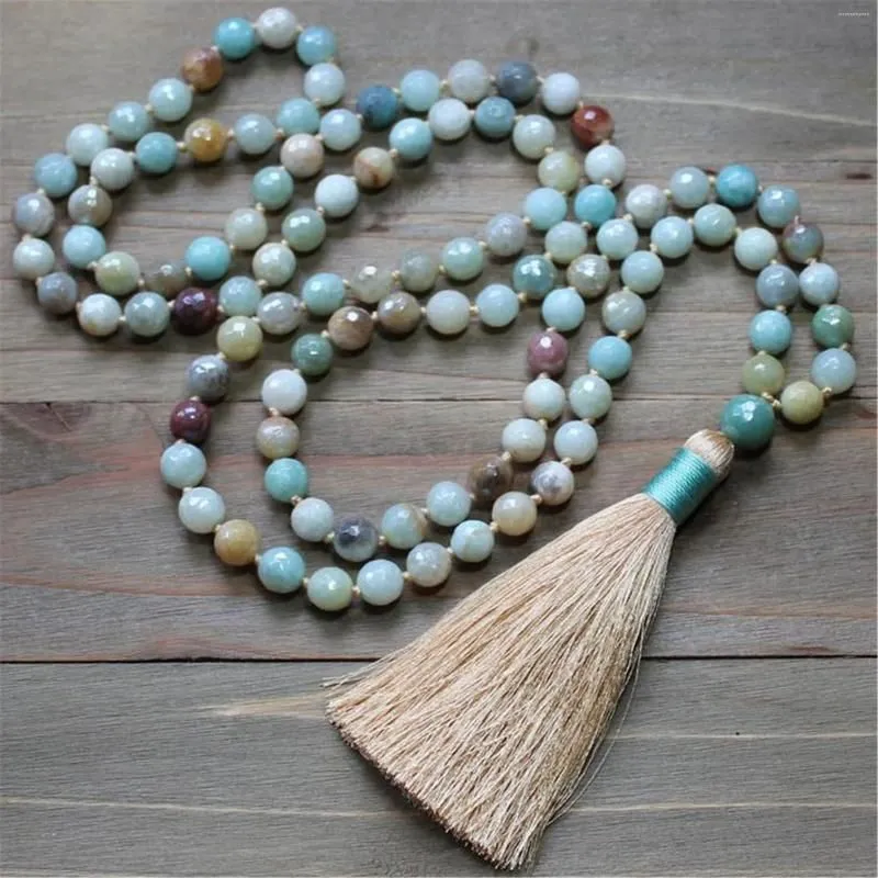 Pendants 8mm Natural Amazonite Gemstone 108 Beads Tassel Mala Necklace Bless Chakra Wristband Lucky Unisex Buddhism Healing