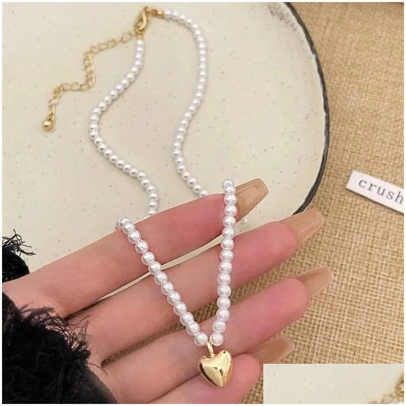 Pendant Necklaces Elegant White Imitation Pearl Bead Necklace For Women Crystal Golden Heart Sweet Wedding Party Jewelry Collier Femme
