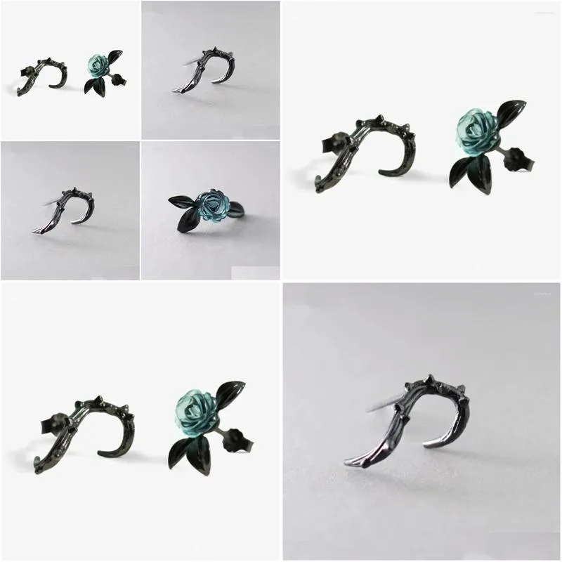 Stud Earrings Retro Gothic Thorn Rose Asymmetric Fashion Girl Blue Body Penetrating Charm Lady Nightclub Party Jewelry