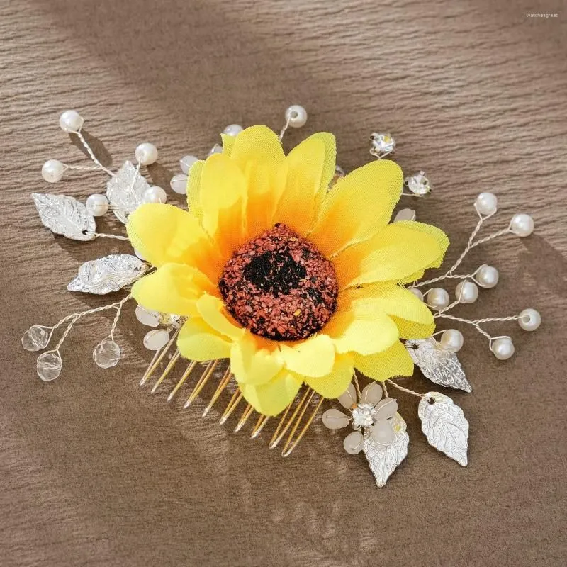 Hair Clips Sunflower Comb Fairy Beauty Girls Po Accessories Alloy Leaves Band Handmade Rhinestone Bride Headpiece Headdress