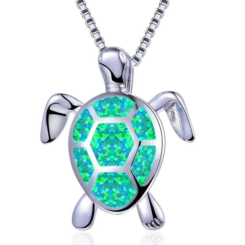 Boho Fashion Female Blue White Green Fire Opal Necklace 925 Sterling Silver Necklace Big Turtle Pendants Necklaces For Women