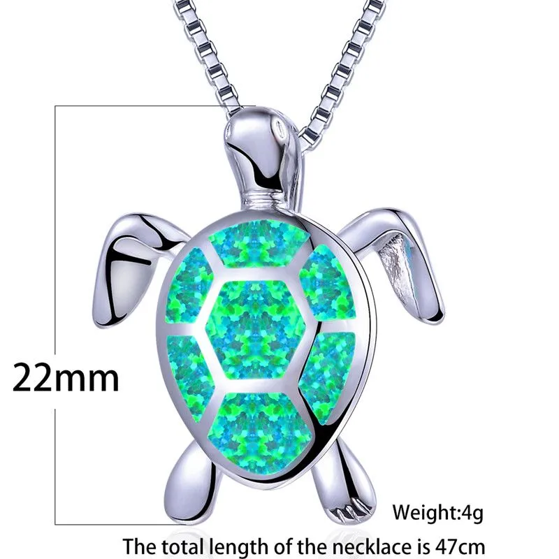 Boho Fashion Female Blue White Green Fire Opal Necklace 925 Sterling Silver Necklace Big Turtle Pendants Necklaces For Women