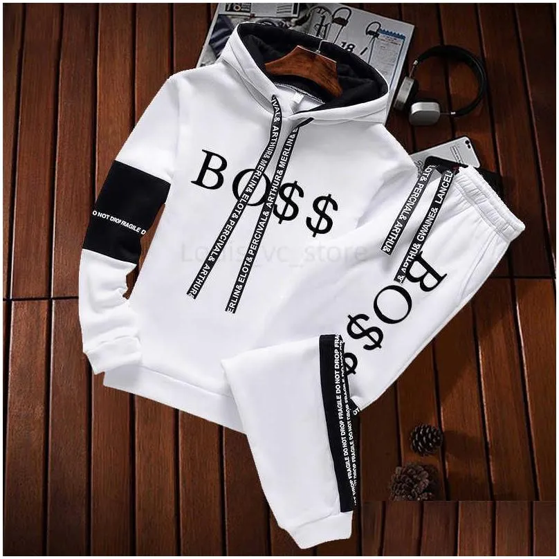 Men`s Tracksuits 2023 New Autumn and Winter Men`s Clothing Hoodies+Trousers Two Piece Set Letter Printing Tracksuit Sweatshirt Jogging Sweatpants
