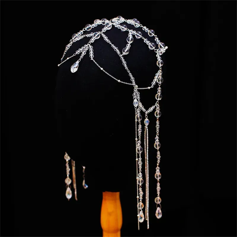 Hair Clips Korean Style Bride Crystal Tassel Fairy Accessories Exquisite Handmade Beaded Eyebrow Center Pendant Chain Wedding Headwear