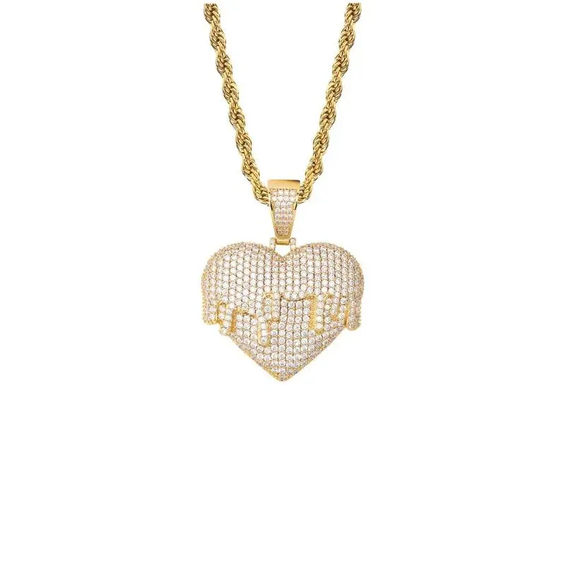 Pendant Necklaces Hip Hop Cubic Zirconia Paved Bling Iced Out Melting Heart Lover Pendants Necklace For Women Men Rapper Jewelry