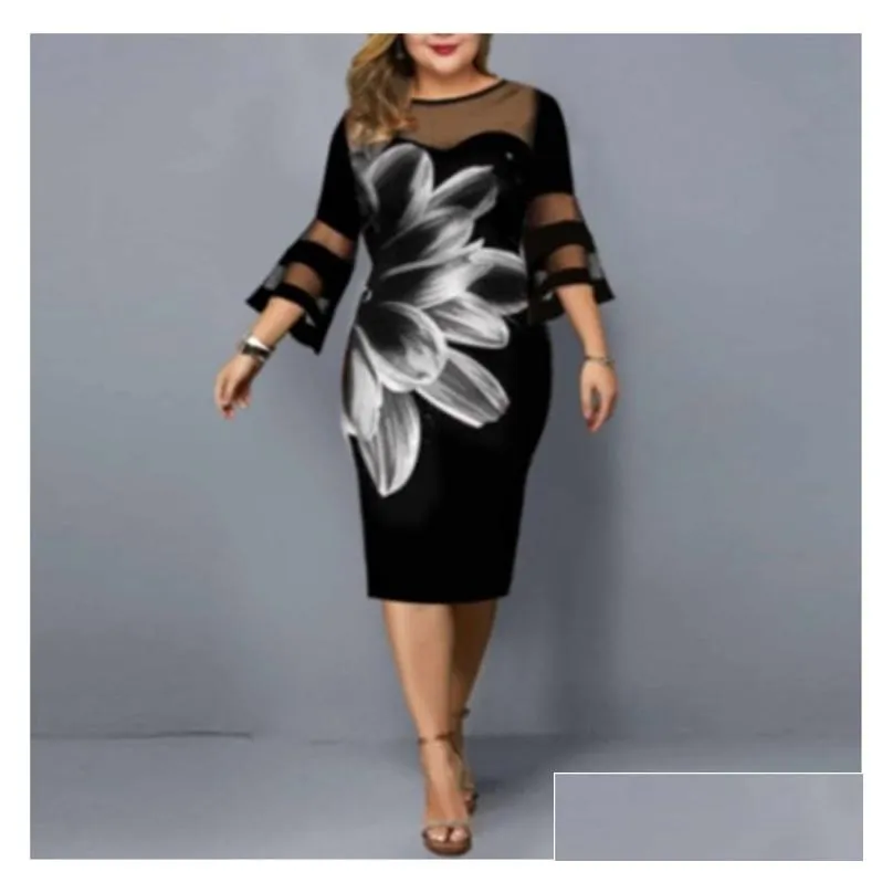 Plus Size Dresses Womens Casual Flower Print Mesh Work Midi Lace 3/4 Sleeve Party Summer Dress For Wedding Clothing Drop Delivery App Dhmyn