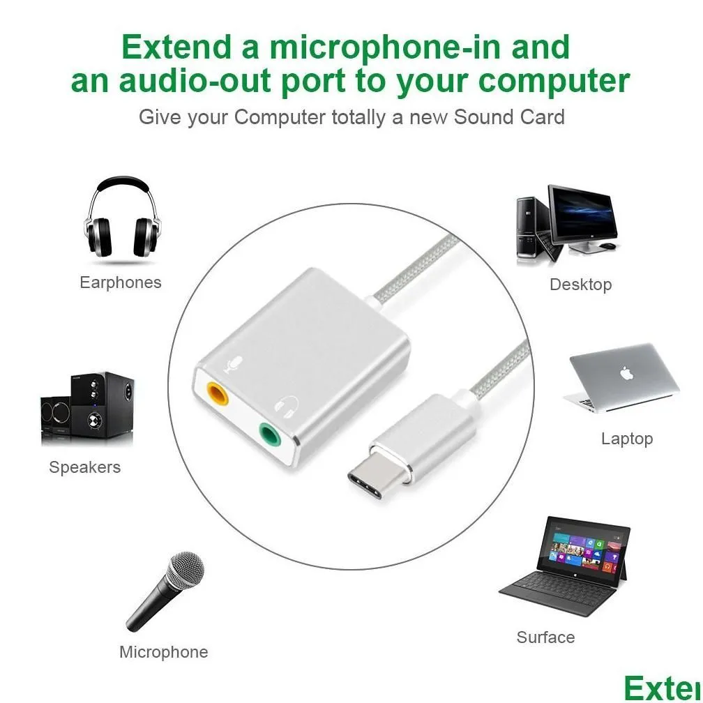 Sound Cards Usb C Type External Hifi Magic Voice Virtual 7.1 Channel O Card Adapter Earphone Microphone Speaker For Laptop1 Drop Deliv