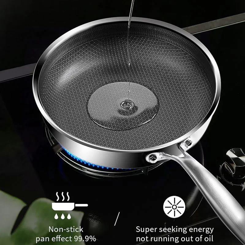 Pans 2026CM Frying Pan Food Grade 304 Stainless Steel Non Stick Pan Honeycomb Pot Bottom Induction Cooker Gas Stove General Wok 230605