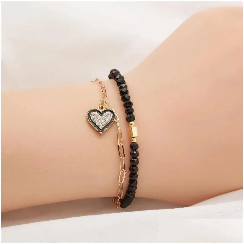 Charm Bracelets Geometric Polygon Love Heart Zircon Bracelet For Women Fashion Crystal Double Layers String Beads Chain Jewelry Drop Ot6Qw