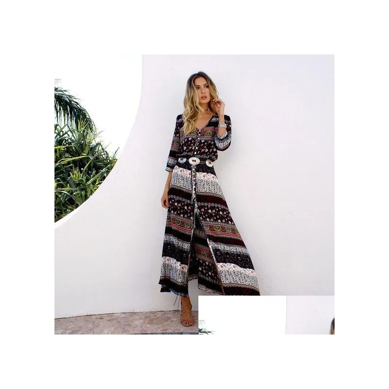 Basic & Casual Dresses New Women Long Dress Bohemian Style V Neck Spilit Female Y Summer Holiday Look Drop Delivery Apparel Women`S C Dh1Sd