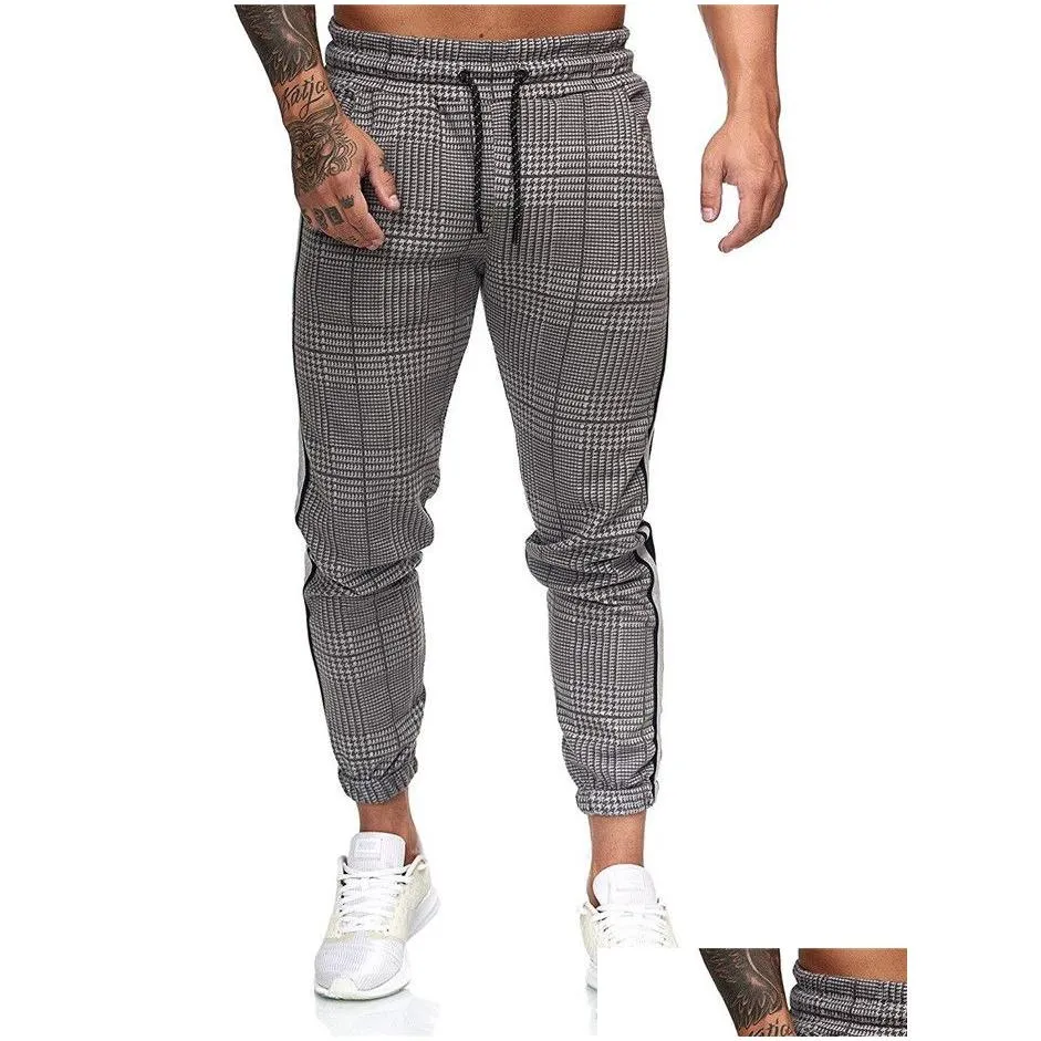 Men`S Pants New Mens Houndstooth Print Male Side Stripes Color Matching Slim Fit Sweatpants Joggers Track Overalls Drop Delivery Appa Dhmyi