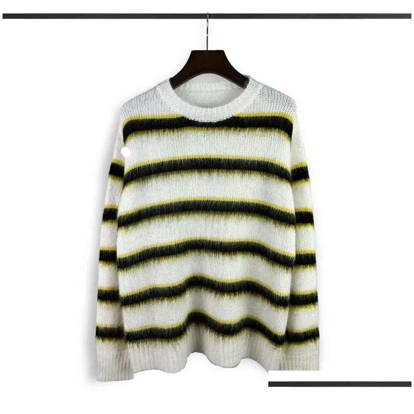 Men`s Sweaters Autumn Winter Round Neck Color Stripe Contrast Loose Mohair Knitwears Mens Pullovers Oversized Female Clothes Vintage