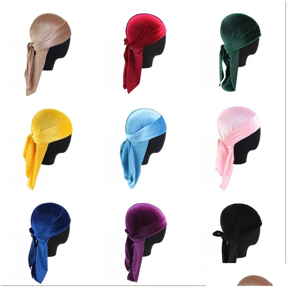 Designer Velvet Durag Hair Bonnets Skull Pirate Hat With Long Tail Outdoor Cycling Accessories For Adult Mens Women Fashion Caps