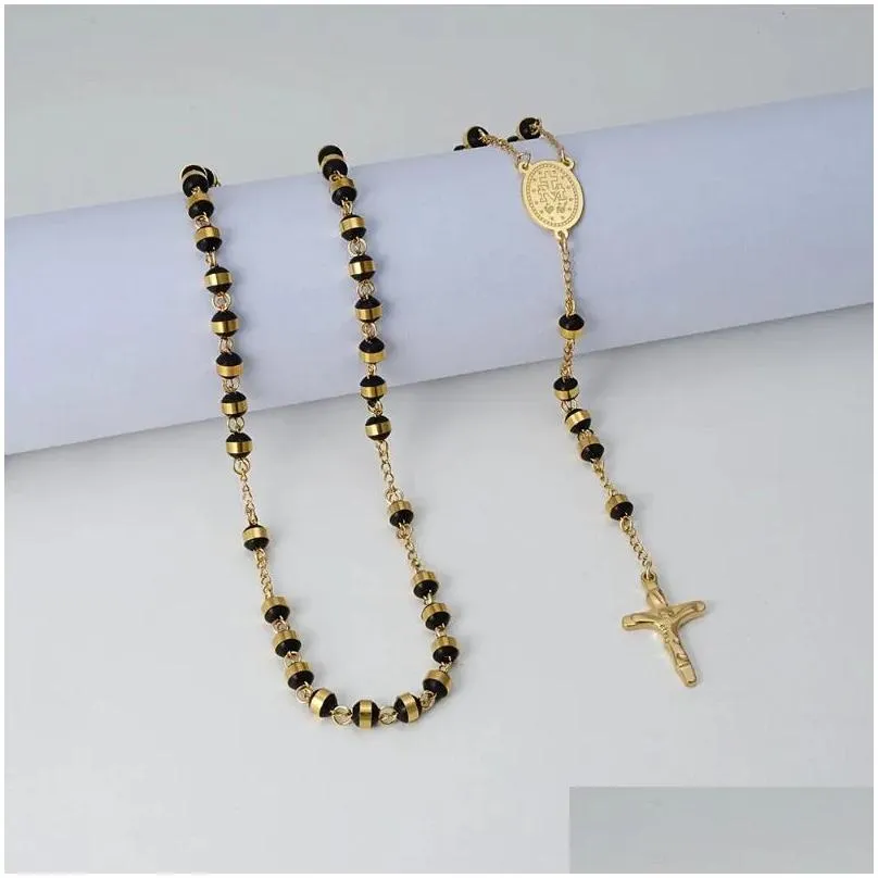 Pendant Necklaces Fine4U Stainless Steel Rosary White Black Beads Necklace Catholic With Metal Virgin Mary Jesus Crucifix Drop Delive Otpun