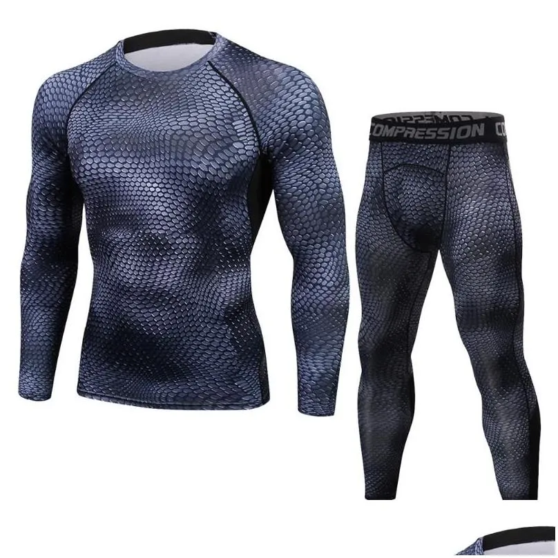 Men`S T-Shirts Men T Shirts Trousers Set 2 Piece Mens Sportswear Compression Suit Joggers Fitness Base Layer Shirt Leggings Rashguard Dhxys