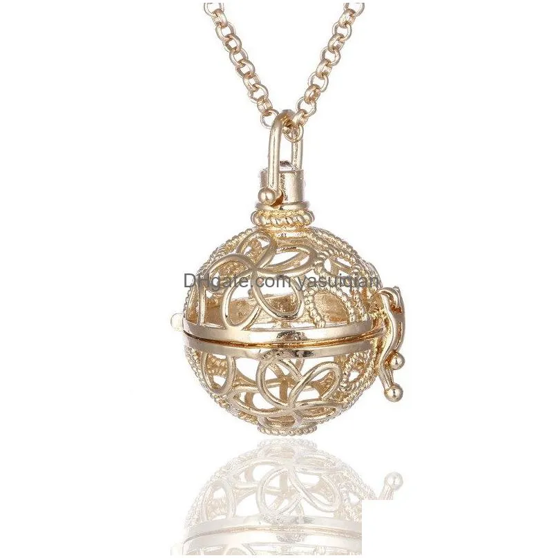 Lockets New Diffuser  Oil Cage Pendant Necklaces With Cotton Ball Black Lava Rock Stone Hollow Chains For Women Fashion Drop Dhnwe