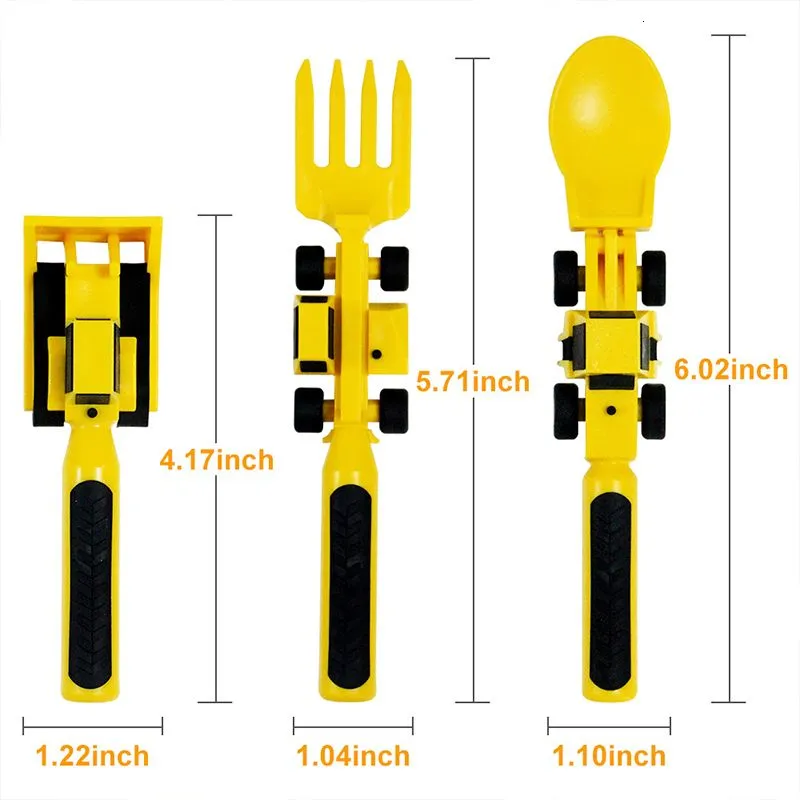 Cups Dishes Utensils 3pcs Tableware for Children Car Bulldozer Excavator Shovel Cutlery Kids Materials Safety Spoon Fork set 230608