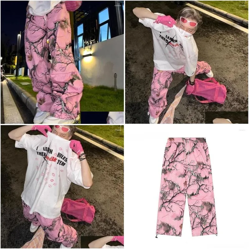 Men`s Pants American Retro Branch Graffiti Casual Women`s High Street Contrast Color Camouflage Printed Straight-leg Trousers