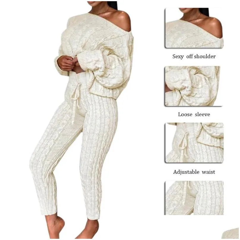 Women`S Sweaters New Womens Ladies Solid Off Shoder Knitted Warm Loungewear Set Autumn Sweater Women Winter Clothes Suit Drop Deliver Dh1Td