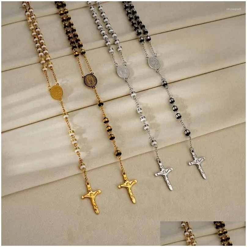 Pendant Necklaces Fine4U Stainless Steel Rosary White Black Beads Necklace Catholic With Metal Virgin Mary Jesus Crucifix Drop Delive Otpun