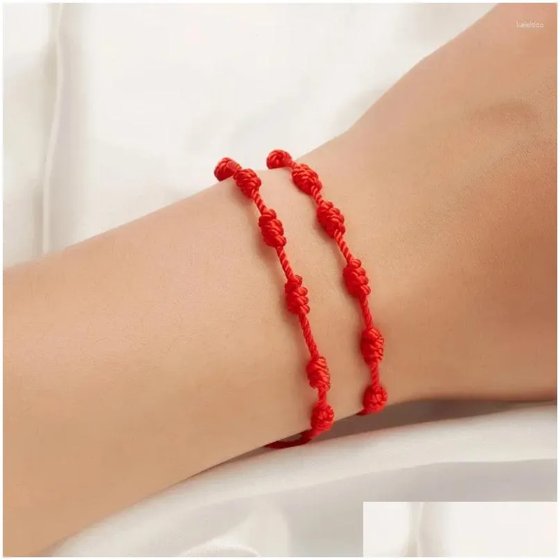 Charm Bracelets Handmade Vintage Seven Knots Red Braided Rope Bracelet For Women Men Lucky Amulet Success And Prosperity Card Jewelry
