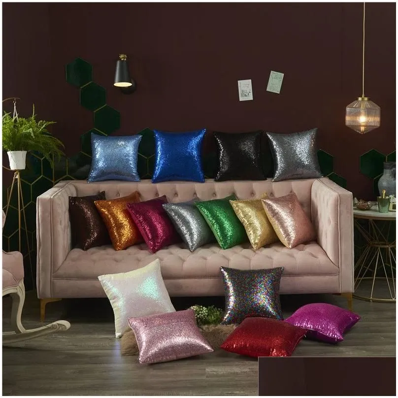 Cushion/Decorative Pillow 14 Colors Glitter Sequins Pillow Case Solid Color Cushion Home Car Comfortable Decor Waist Er Pillowcase Dro