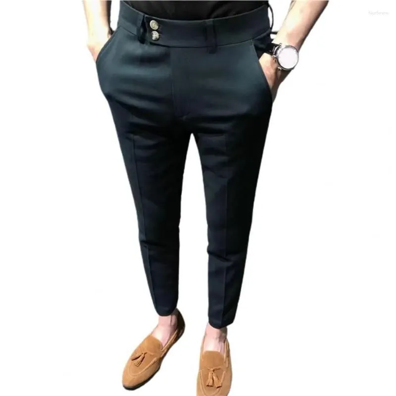 Men`s Suits Chic Ninth Trousers Office Gentle Close-fitting Super Breathable Mid Waist Men Suit Pants