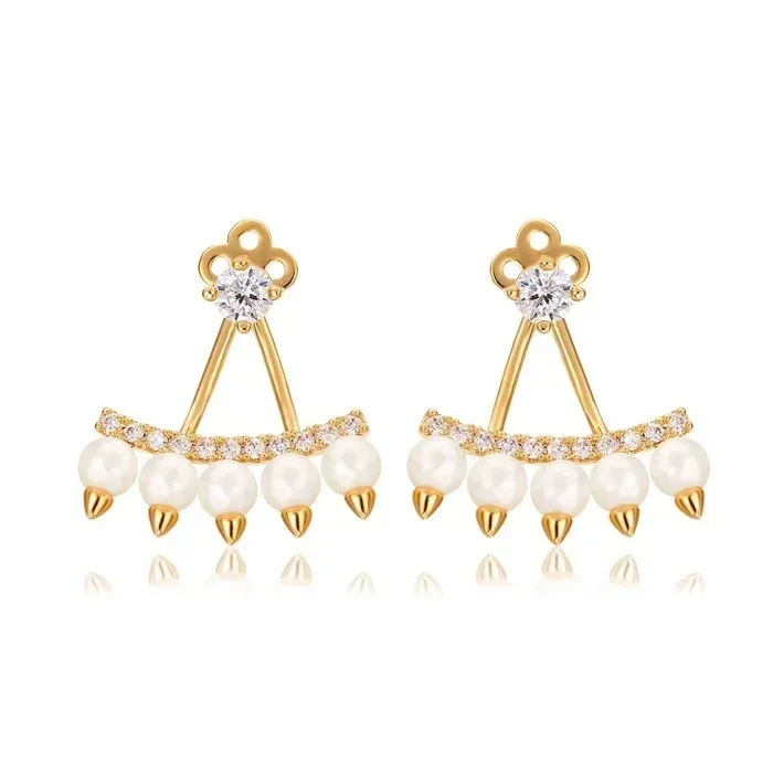 Stud Earrings Gold Color Peacock Five Row Pearl Zircon For Women Front And Back Party Jewelry Bijoux Double Side Ear Jacket